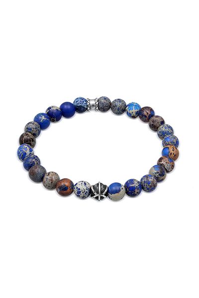 KUZZOI Armband Herren Beads Kugeln mit Achat Blau in 925 Sterling Silber Oxidiert