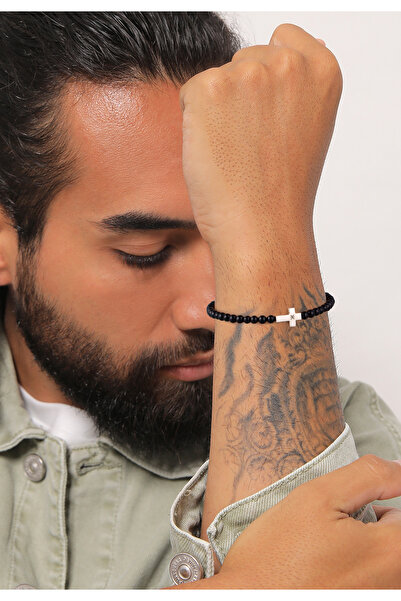 KUZZOI Pánský náramek s křížem a vintage motivem ze sterlingového stříbra 925 s onyxovými korálky