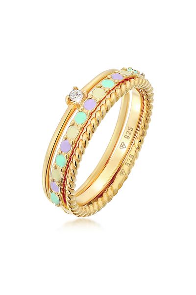 ELLI Ring Ladies Stack Set Modern Solitaire Twisted Trend Colourful With Enamel And Crystal In 925 Sterli