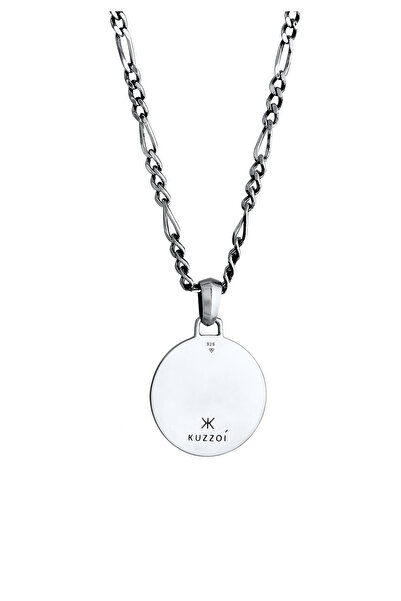 KUZZOI Halskette Herren Figaro Halskette Münzanhänger Strukturiert Oxidiert in 925 Sterling Silber