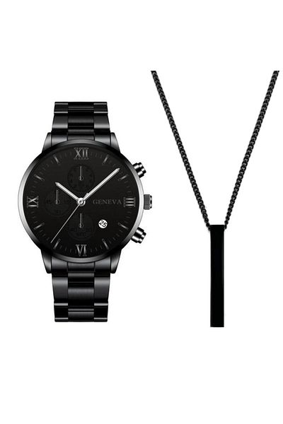 REDz Accessories Set bărbătesc, lanț de ceas cu pandantiv dreptunghiular, Geneva, negru