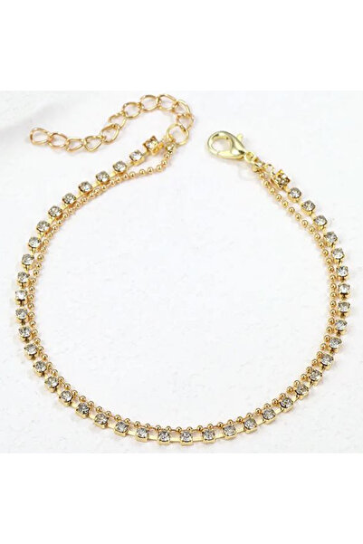 REDz Accessories Brățară Glamour pentru gleznă, 2 straturi, cataramă reglabilă, pietre prețioase, metal, auriu