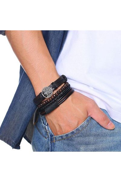 REDz Accessories Brățară Arborele Vieții, Set cu mai multe curețe, Aspect Vintage, Efect Piele, Maro