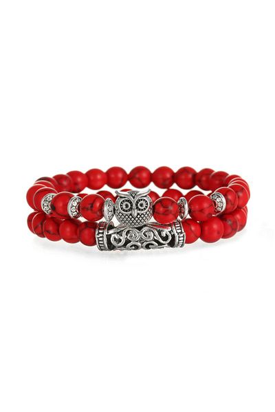 REDz Accessories Set Of 2 Boho Owl Bracelets, Beads, Elastic, Owl, Red
