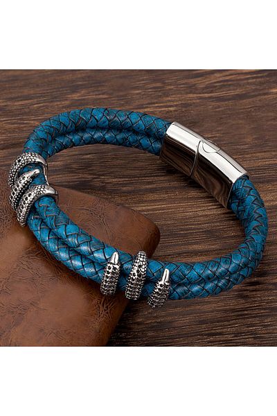 REDz Accessories Brățară Dragon, Bărbați, Piele Naturală, Albastru-Argintiu