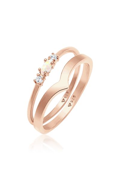 ELLI Marquise-Ring-Set in V-Form – Opal- und Zirkoniumkristalle, 925er Sterlingsilber