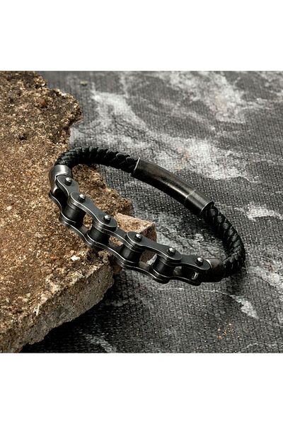 REDz Accessories Brățară cu lanț de bicicletă, bărbați, piele și oțel inoxidabil, neagră