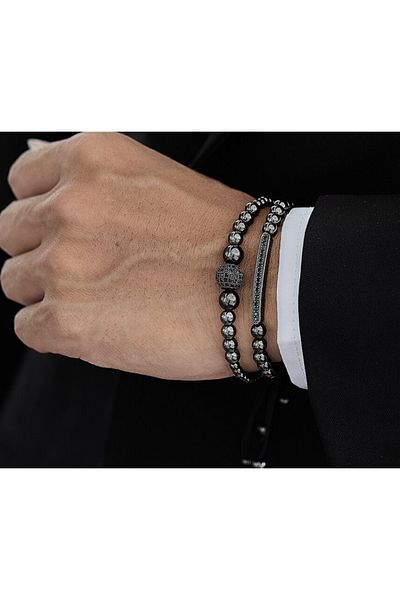 REDz Accessories Set de 2 brățări cu mărgele metalice, sferă și tijă, cristale de zirconiu, negru
