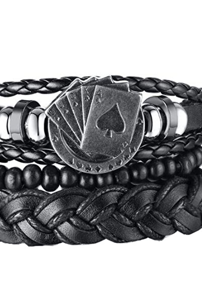 REDz Accessories Βραχιόλι με τράπουλες, σετ με πολλαπλά λουράκια, vintage εμφάνιση, δερμάτινο εφέ, μαύρο