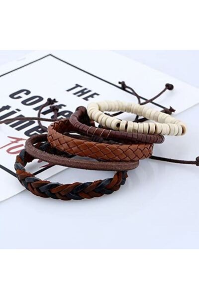REDz Accessories Σετ 5 vintage βραχιόλια, με πολλαπλά λουράκια, δέρμα, καφέ/λευκό