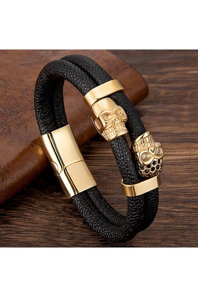 REDz Accessories Double Skull Bracelet, Men, Genuine Leather, Black-gold