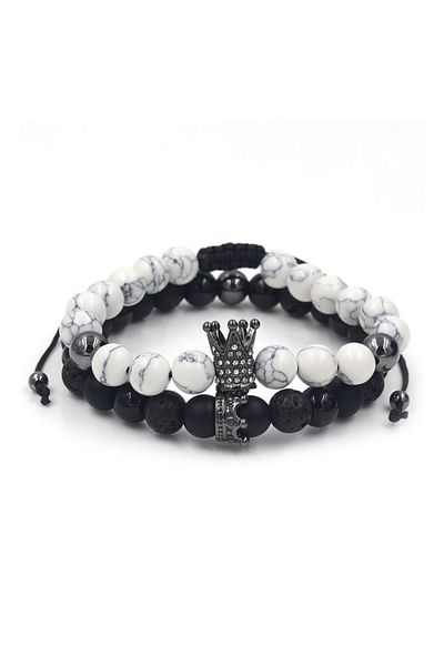 REDz Accessories Set de 2 brățări alb/negru, model King/Queen, zirconiu cubic, pietre argintii