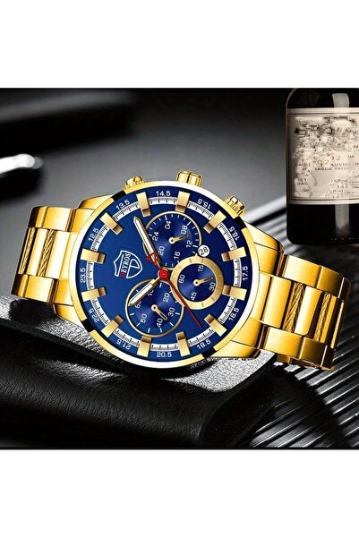 REDz Accessories Σετ Δώρου 3 Αξεσουάρ, Ρολόι + Βραχιόλι + Αλυσίδα, για Άνδρες, Elegant Model Deyros, Χρυσό και Μπλε