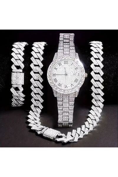 REDz Accessories Gift Set Of 3 Cuban Accessories, Men, Zirconia Crystals, Crystal Waterfall, Stainless-steel, Silver
