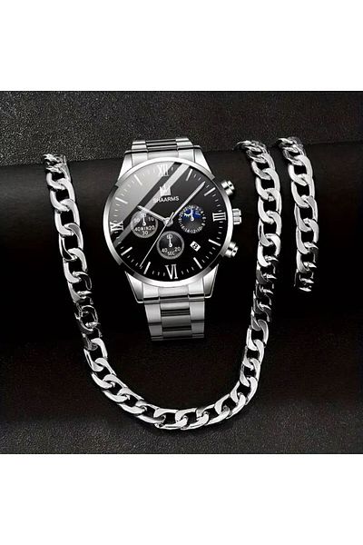 REDz Accessories Shaarms Gift Set, 3 Cuban Link Accessories, Watch Chain Bracelet, Metallic, Silver