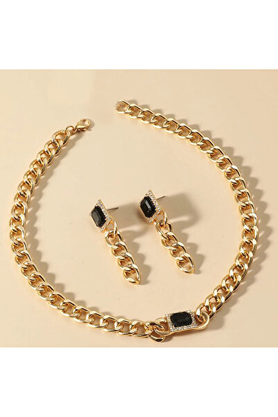 REDz Accessories Σετ δώρου με σκουλαρίκια και αλυσίδα, γυναίκες, κουβανέζικο μοντέλο, μαύρη πέτρα, μεταλλικό, χρυσό
