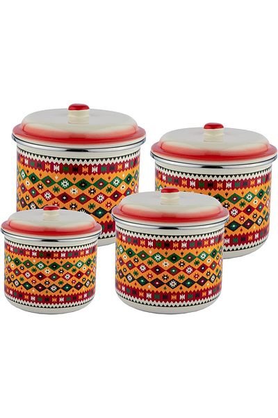 ALSAIF Enamel Painted Badia Design Container Set By Al Saif, 4 Pieces, 10/12/14/16 Cm, White/red