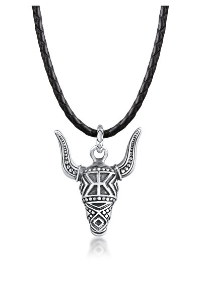 KUZZOI Necklace Herren Lederkette Stierkopf Oxidiert 925 Silber
