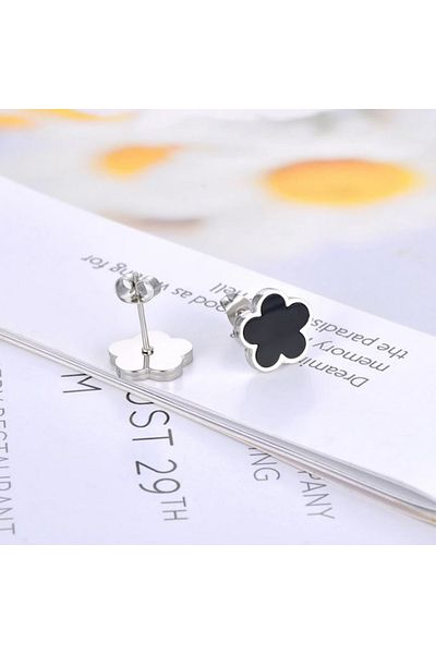 REDz Accessories Earrings Flowers with black decoration, Screw closures, for Women, Fashion, Silver