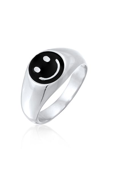 KUZZOI Ring Herren Siegelring mit lächelndem Gesicht und Emaille schwarz aus 925 Sterling Silber