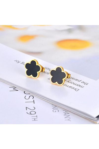 REDz Accessories Earrings Flowers With Black Decoration, Screw Closures, For Women, Fashion, Gold