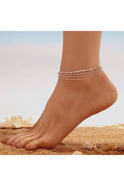 REDz Accessories Brățară Glamour pentru picior, 4 straturi, cataramă reglabilă, pietre prețioase, metal, argintiu