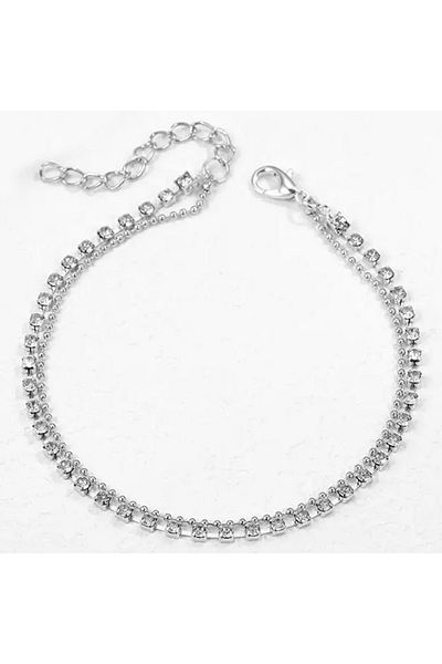 REDz Accessories Brățară Glamour pentru picior, 2 straturi, cataramă reglabilă, pietre prețioase, metal, argintiu