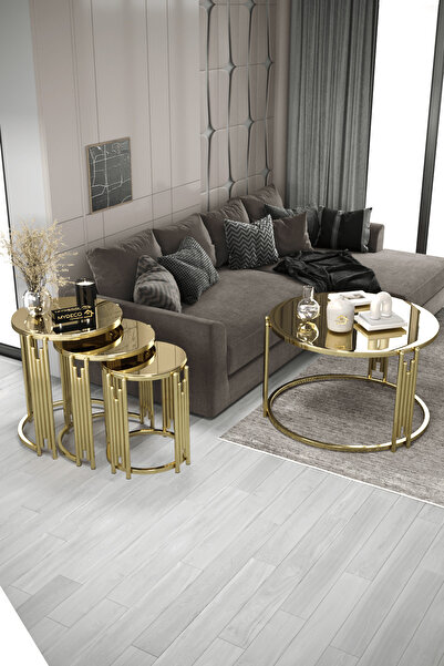 home plus mobilya Piyano Set Gold Bronz Orta Sehpa Zigon Sehpa Takımı