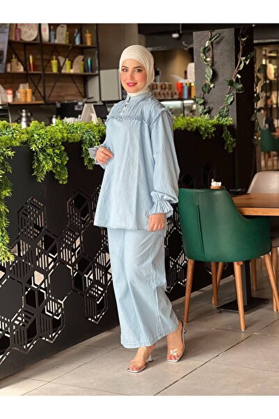 Esre Store 4518 - بدلة حجاب من الدنيم الناعم باللون الأزرق الفاتح