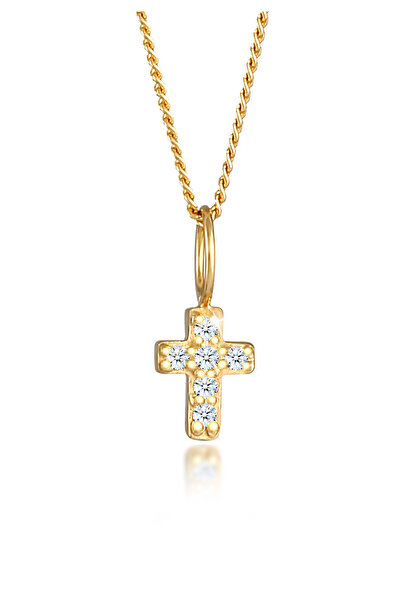 ELLI Halskette Frau Kreuz Religion mit Diamanten (0,06 ct.) in 585 Gelbgold