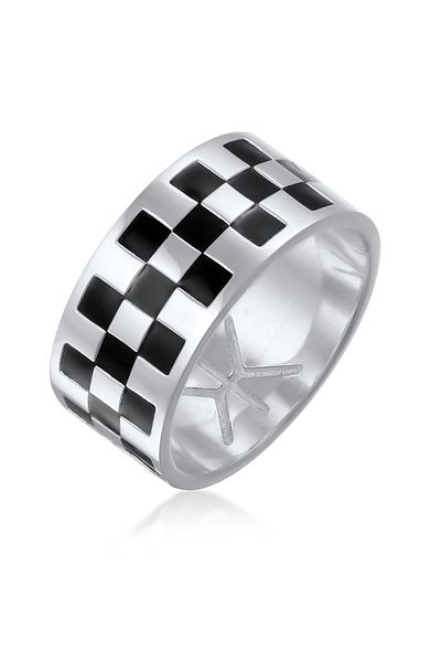KUZZOI Ring Herrenband Schachbrett mit Emaille Schwarz aus 925 Sterling Silber