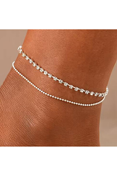 REDz Accessories Brățară pentru picior Glamour, 2 straturi, cataramă reglabilă, pietricele, metal, argintiu