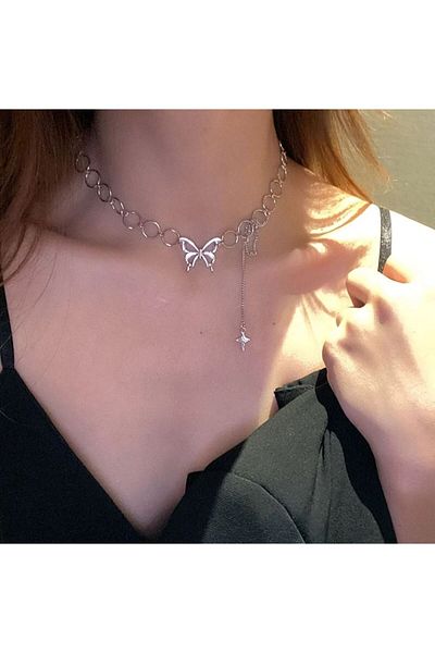 REDz Accessories Choker cu fluture, cruce fluture, femei, la modă, oțel inoxidabil, argintiu