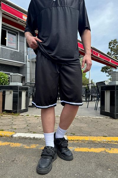 Jr.Crime Stripe Detail Black Couture Mesh Shorts