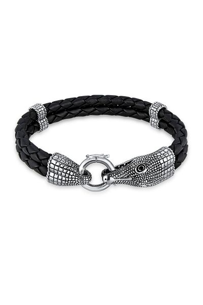 KUZZOI Armband Leder geflochten Schwarzoxid Modern Krokodilkopf 925 Sterling Silber