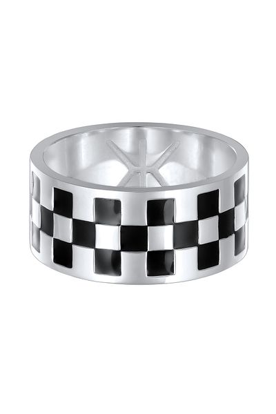 KUZZOI Ring Herrenband Schachbrett mit Emaille Schwarz aus 925 Sterling Silber