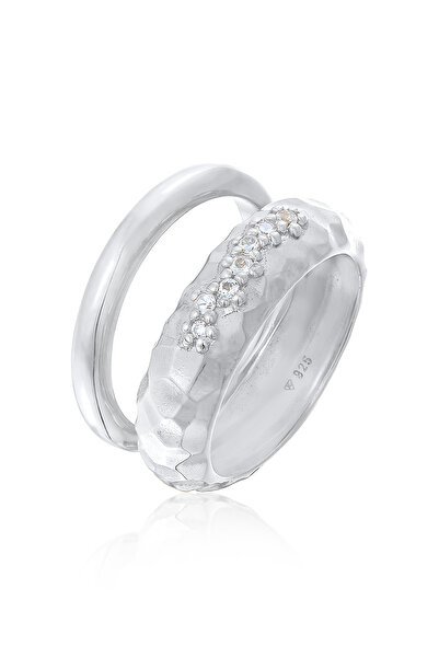 ELLI Ring Damen Band 2er Set gehämmert mit Topas Edelstein in 925 Sterling Si...