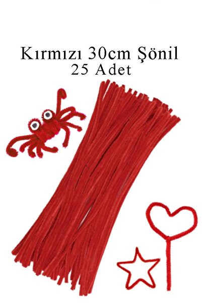 W-Design 25 Adet - Kırmızı Renkli Şönil, Eğitici Şönil Seti, Tüylü Tel, 30 cm...