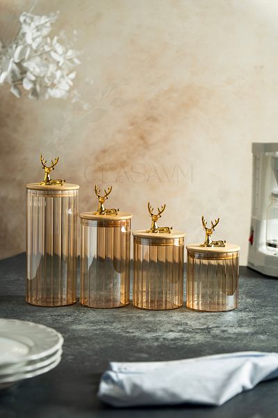 clasavm 4' Bamboo Lid Smoked Glass Jar with Deer Figure |   Smoked Color Glass Storage Container - Glass 4 Size Jars