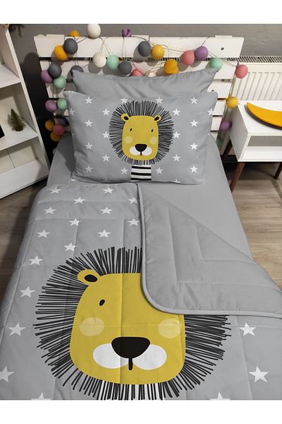yok yok evim eve dair her şey Quilting Silicone Fiber Filled Cute Lion 4 Pcs Single Bed Cover Fitted Sheet Set
