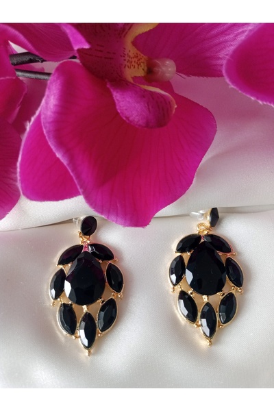 Pervin Ablacım El yapımı ürünler siyah taşlı tasarım gold küpe sallanan abiye