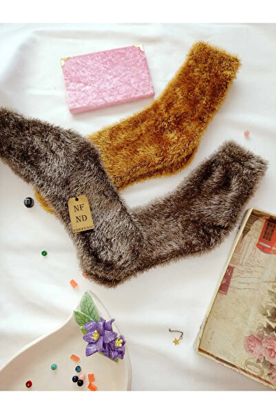 ENEFENDİ 2 Pairs Fluffy Winter Thermal Booties Seamless Socks Men Women Home-Party Socks Yellow Brown 36-41.