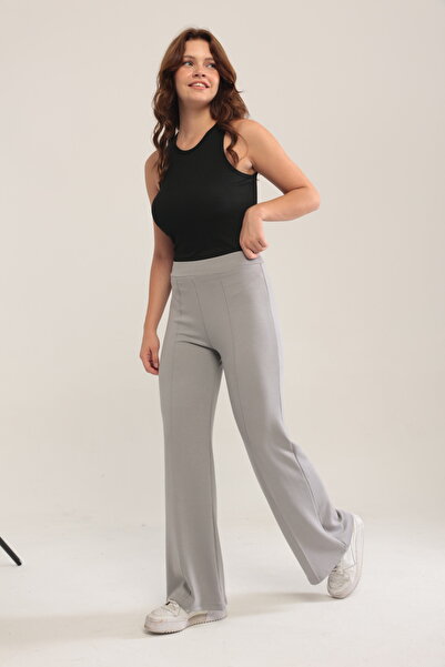 Genel Markalar Kadın Gri Renk Bol Paça Modal Kumaş Tayt Pantolon Yumuşak Dokulu Likralı Önü Nevürlü Geniş Kalıp