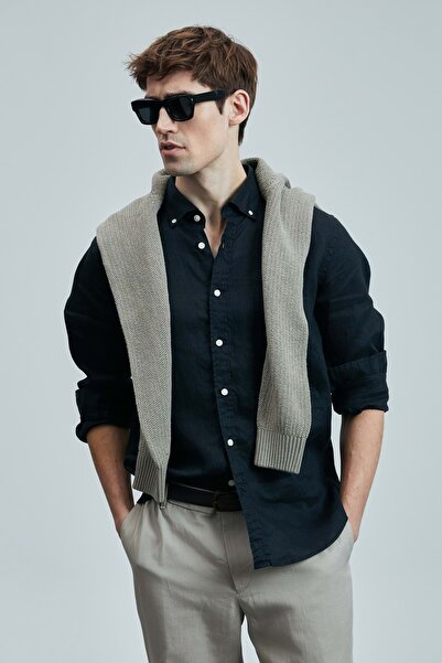 Lufian 111010630 Pitaya Keten Gömlek Comfort Fit Erkek Gömlek SİYAH