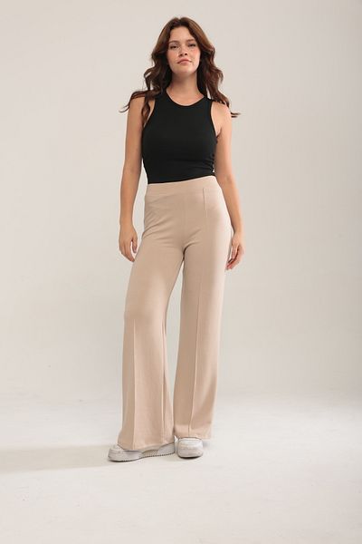XORVİO Women's Beige Wide Leg Modal Fabric Leggings Trousers Soft Textured Lycra Front Ribbed Wide Fit