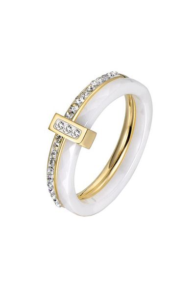 REDz Accessories Inel ceramic, pietre prețioase, femei, două culori, oțel inoxidabil, alb/auriu - mărimea 7 (59 mm)