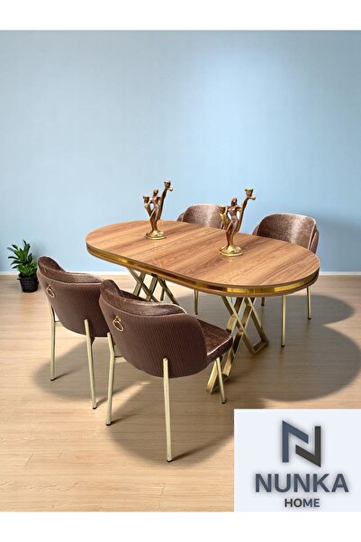NUNKA HOME 4 Kişilik Arya Gold Line BabyFace Kumaş Mdf Lak Panel Ceviz Masa Takımı Modern Ve Şık