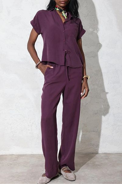 Suzi Plum Color 100% Cotton Short Sleeve Shirt Pants Suit 1004