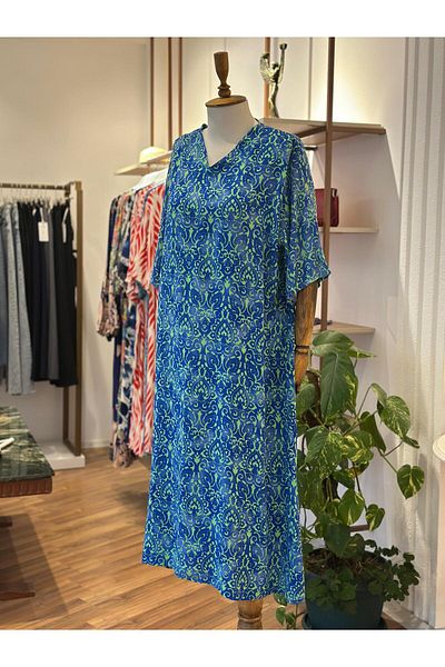 Unique Boutique Blue Patterned Cotton Viscose Fabric Large Size Dress