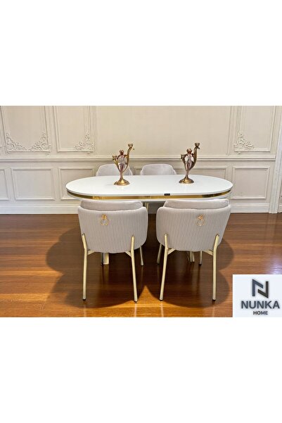 NUNKA HOME 4 Kişilik Arya Gold Line BabyFace Kumaş Mdf Lak Panel Beyaz Masa Takımı Modern Ve Şık